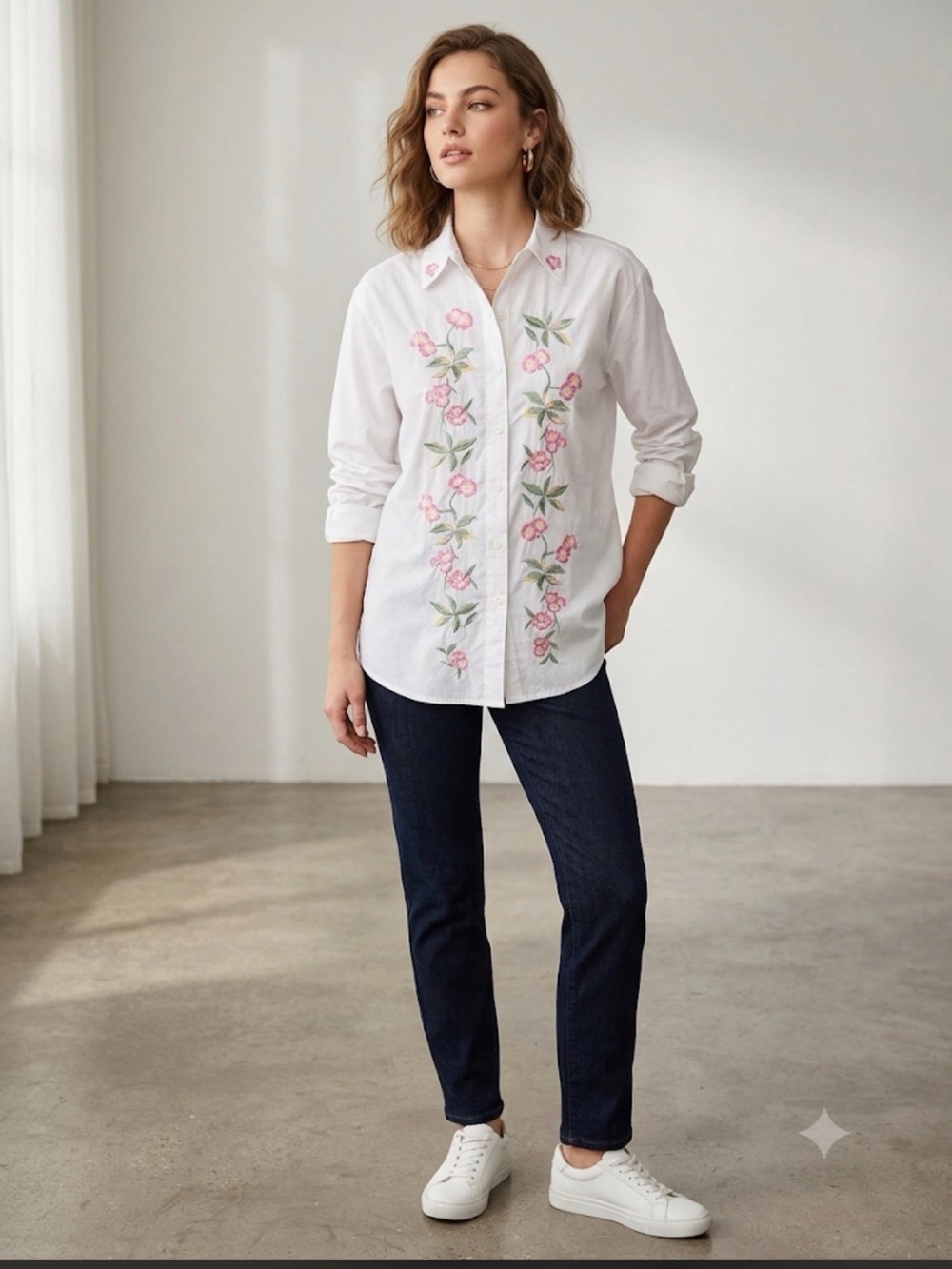 Blaine Trump Floral Embroidered White Button Down Cottagecore Granny Small